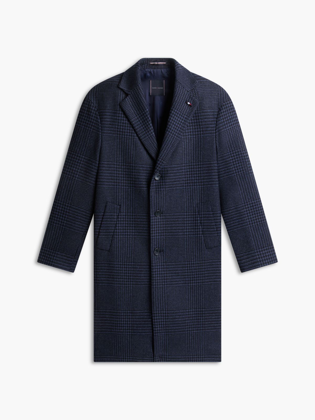Houndstooth Wool Blend Single Breasted Coat — Blue