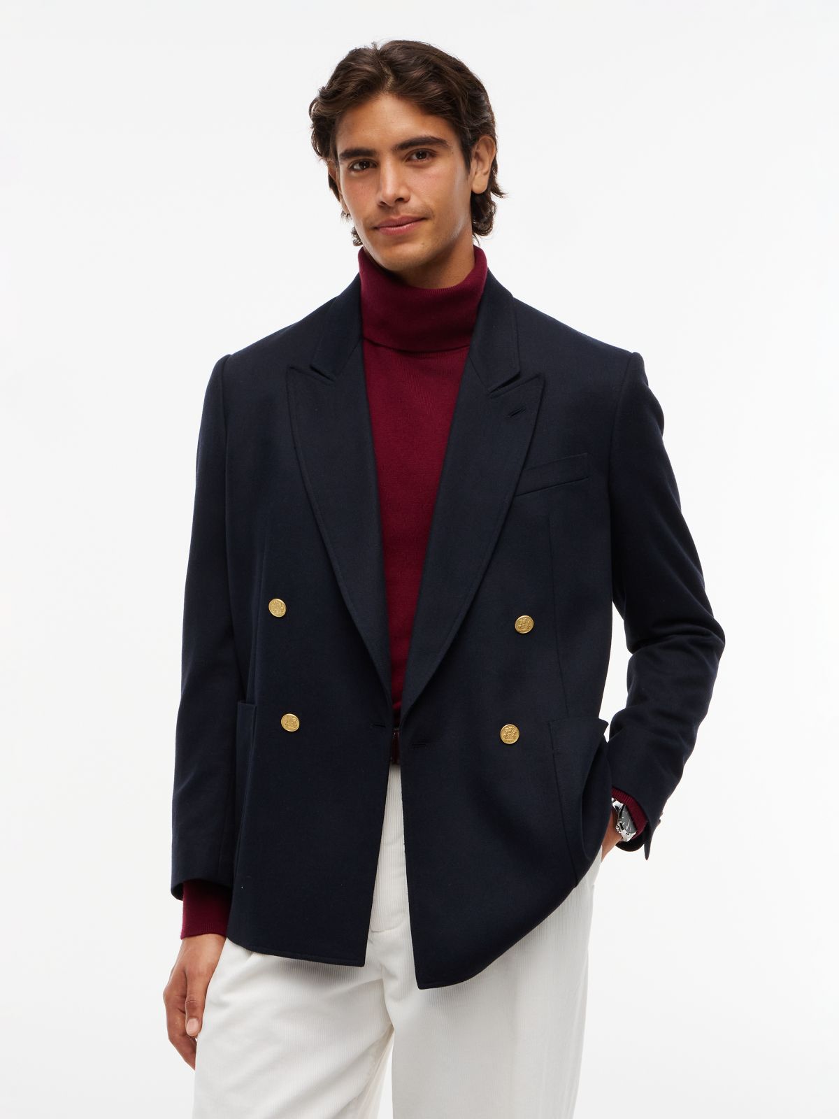 Brushed Double Breasted Blazer With Wool — Blue