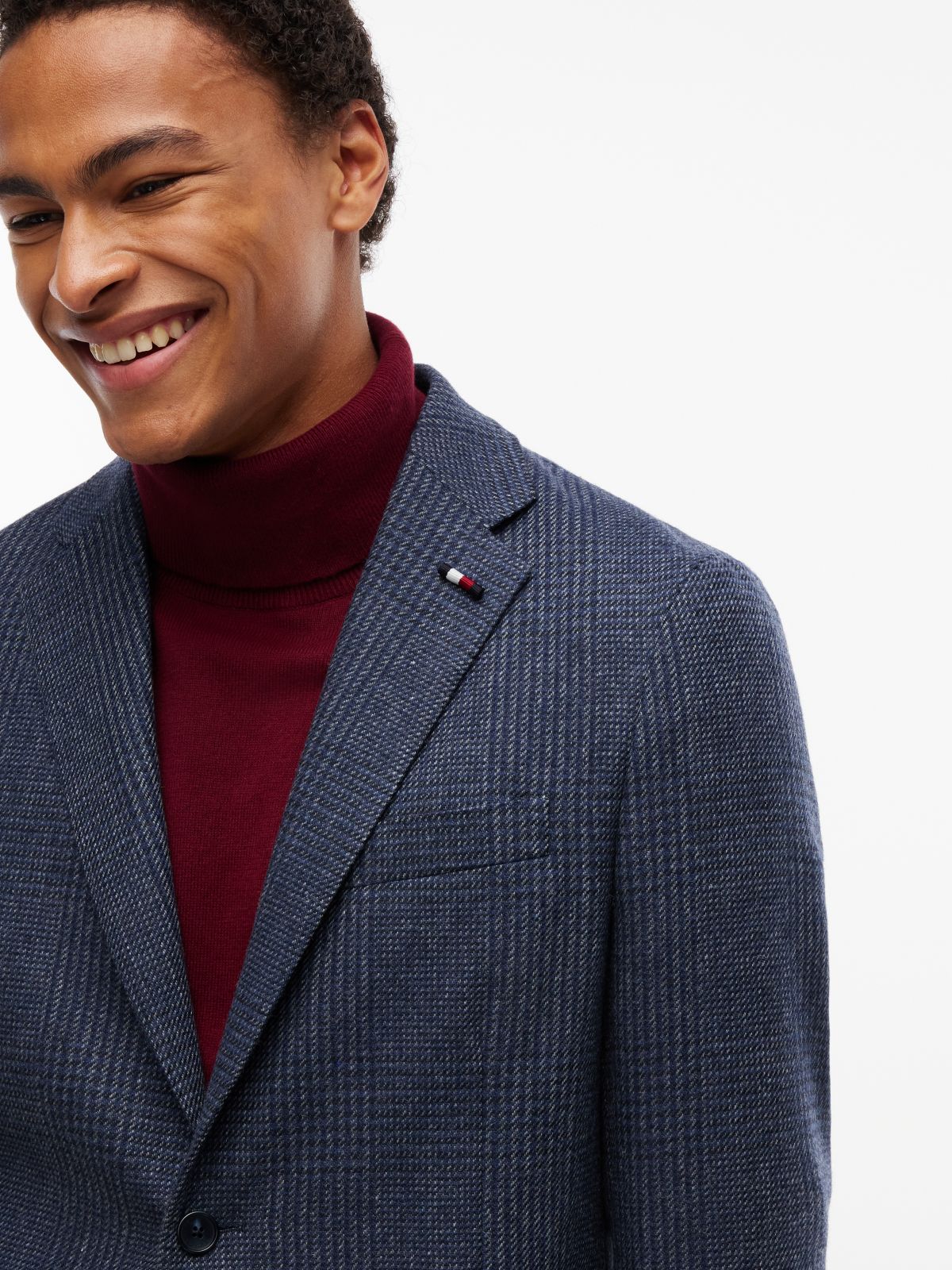 Wool Blend Check Single Breasted Blazer — Blue
