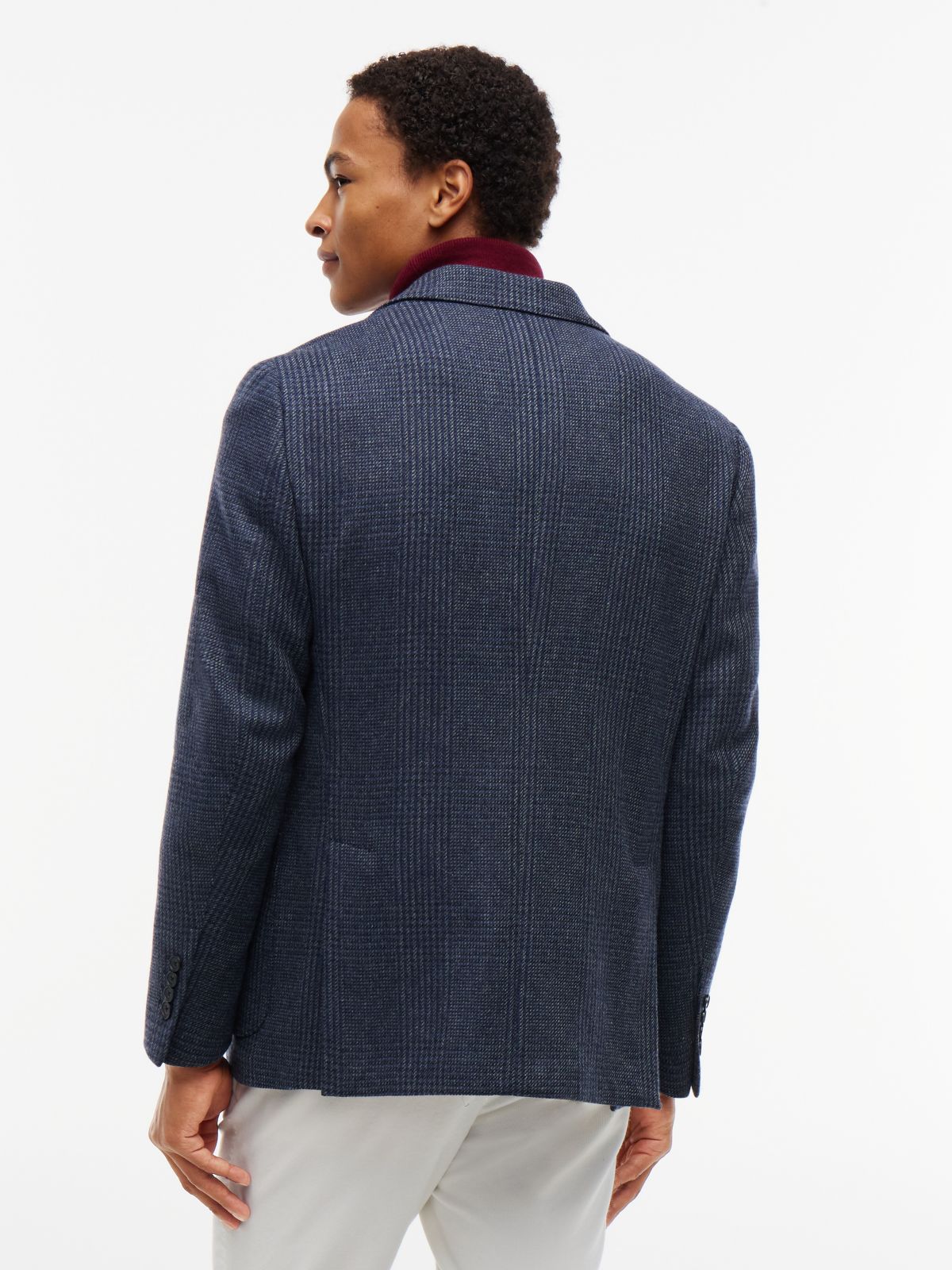 Wool Blend Check Single Breasted Blazer — Blue