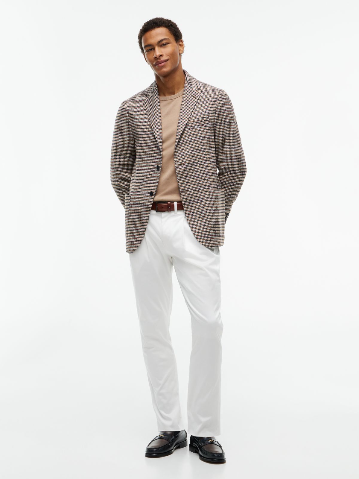 Wool Blend Multi Check Single Breasted Blazer — Beige