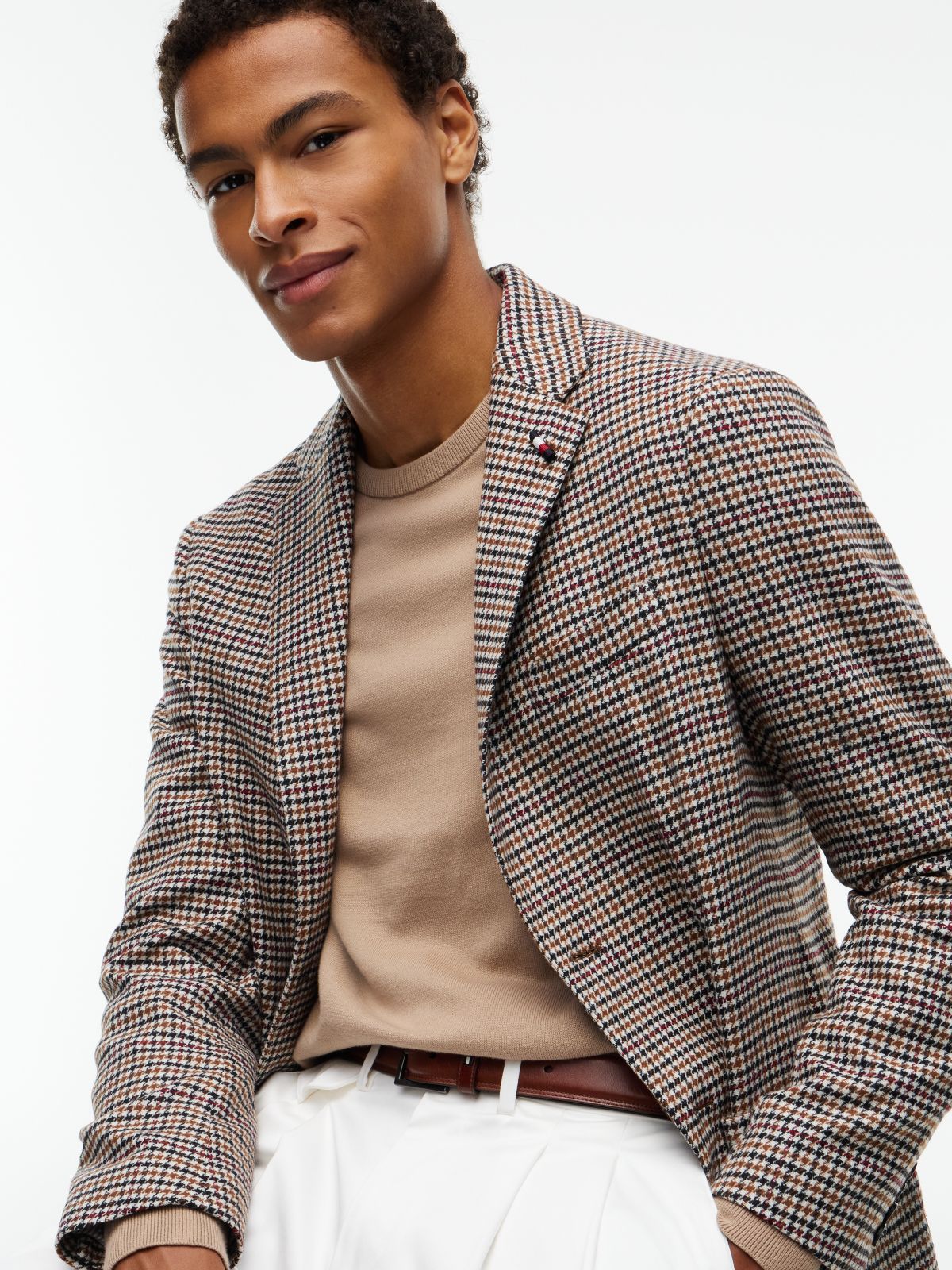Wool Blend Multi Check Single Breasted Blazer — Beige