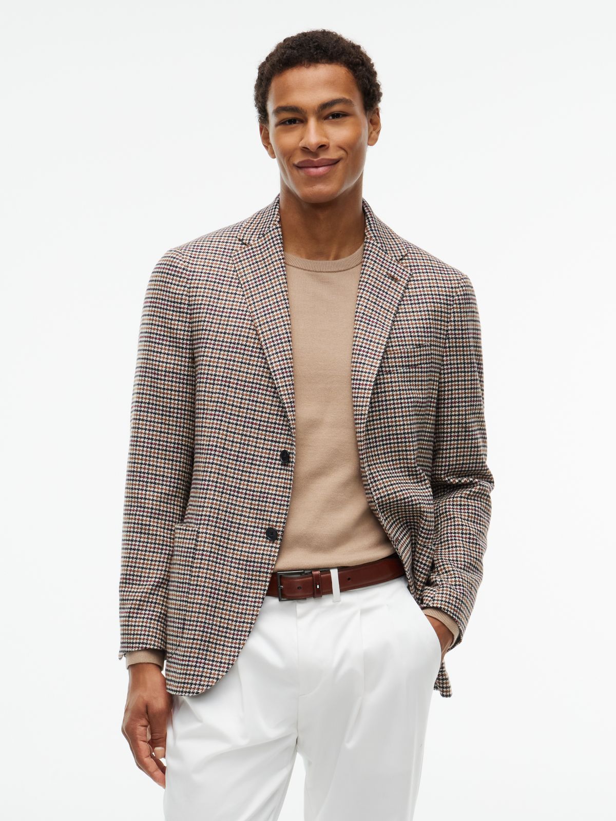 Wool Blend Multi Check Single Breasted Blazer — Beige
