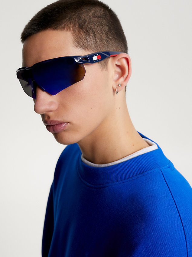 blue dual gender mirrored mask sunglasses for unisex tommy jeans