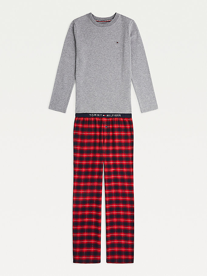 red check long sleeve pyjama set for boys tommy hilfiger