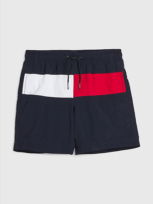 blue colour-blocked mid length swim shorts for boys tommy hilfiger