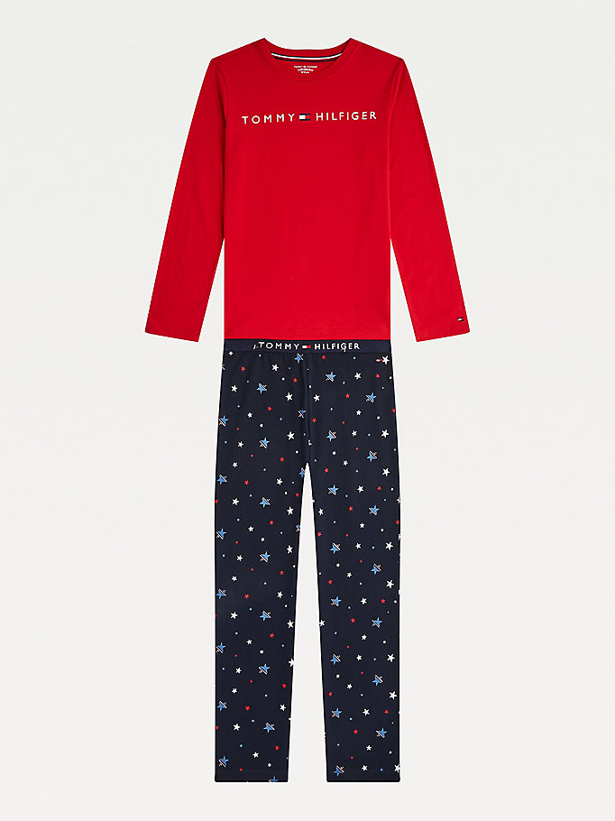 pijama de manga larga con estampado de logos azul de boys tommy hilfiger