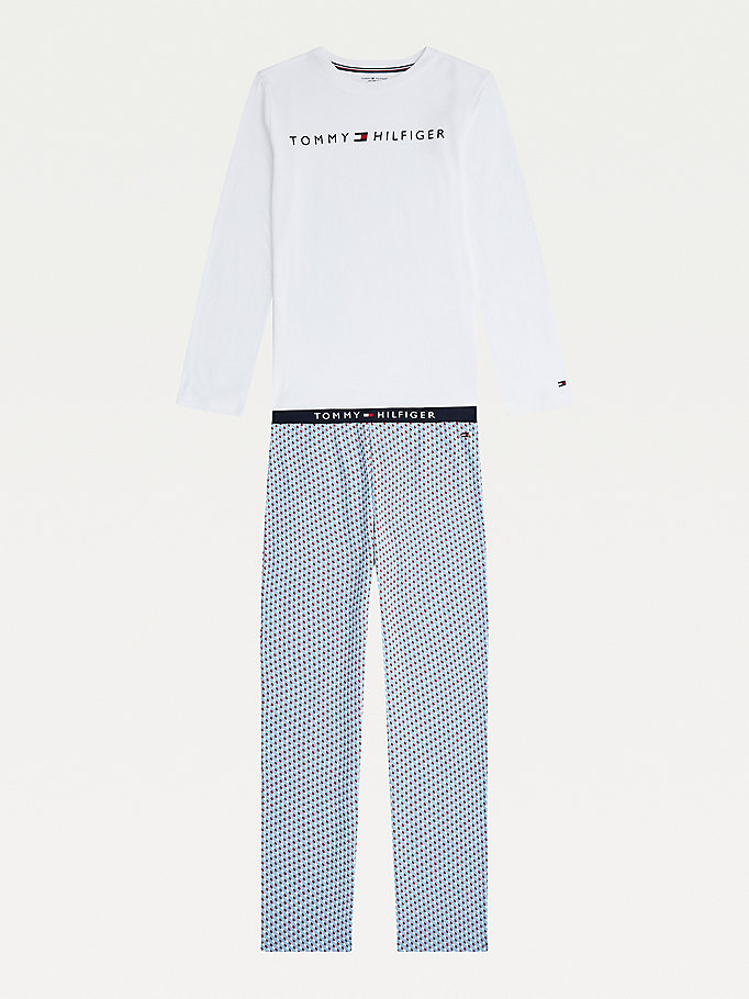 pijama de manga larga con estampado de logos blanco de boys tommy hilfiger