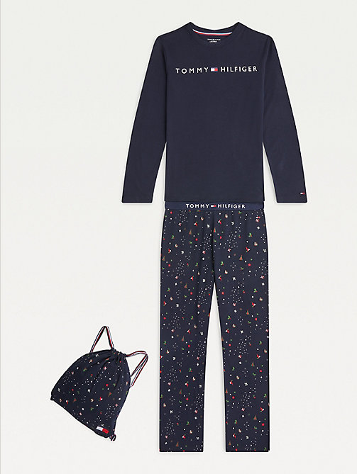 coffret cadeau pyjama festif en coton bio bleu pour boys tommy hilfiger