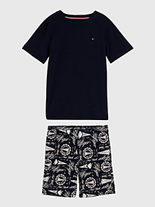 blau pyjama-set mit t-shirt und logo-shorts für boys - tommy hilfiger