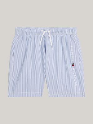 Slim-Fit Mid-Length Logo-Print Striped Swim Shorts