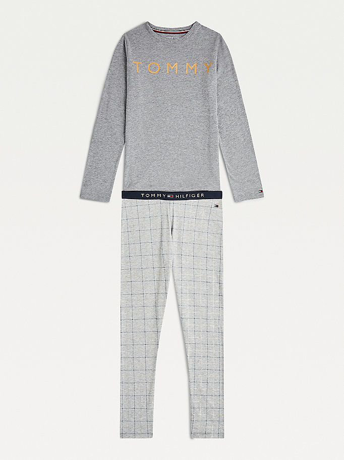 grey check print leggings pyjama set for girls tommy hilfiger