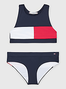 blue colour-blocked crop top bikini set for girls tommy hilfiger