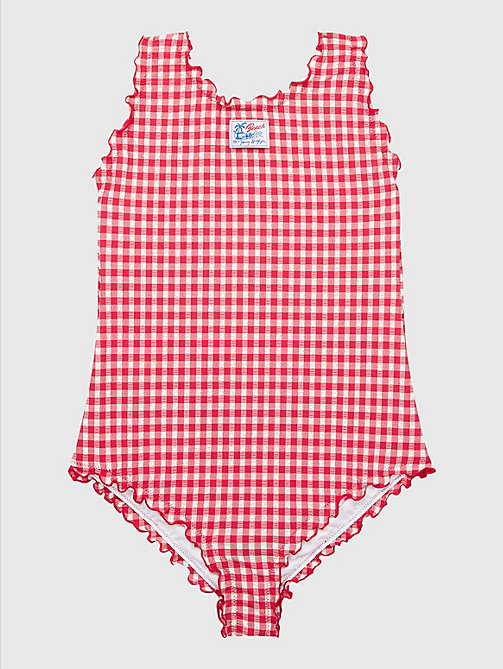red gingham one-piece swimsuit for girls tommy hilfiger