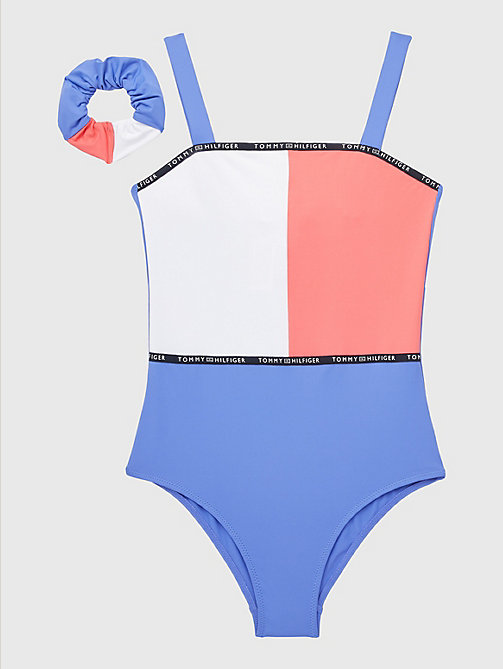 blue colour-blocked one-piece swimsuit for girls tommy hilfiger