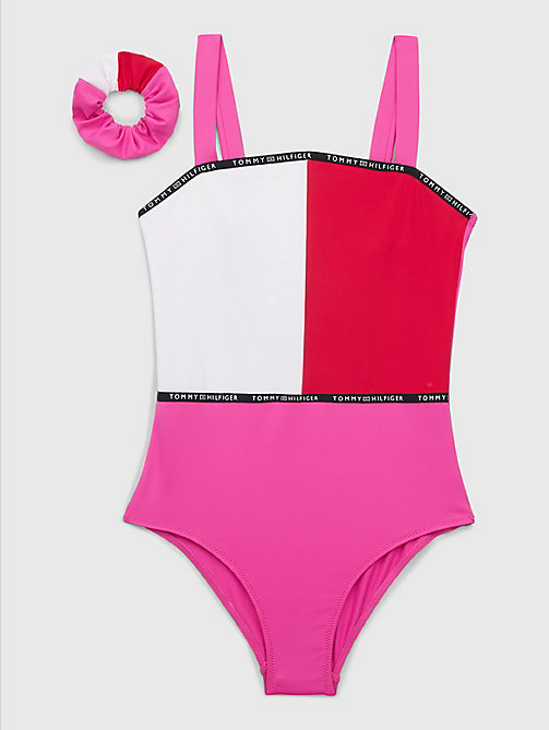 pink colour-blocked one-piece swimsuit for girls tommy hilfiger