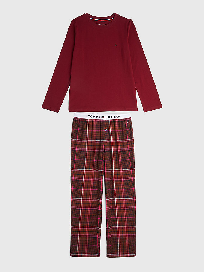 red long sleeve flannel pyjama set for girls tommy hilfiger