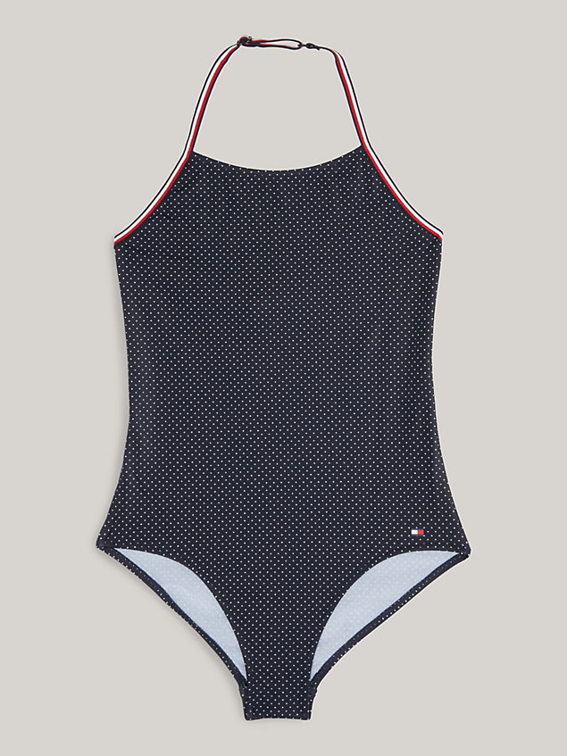 blue global stripe halter neck one-piece swimsuit for girls tommy hilfiger