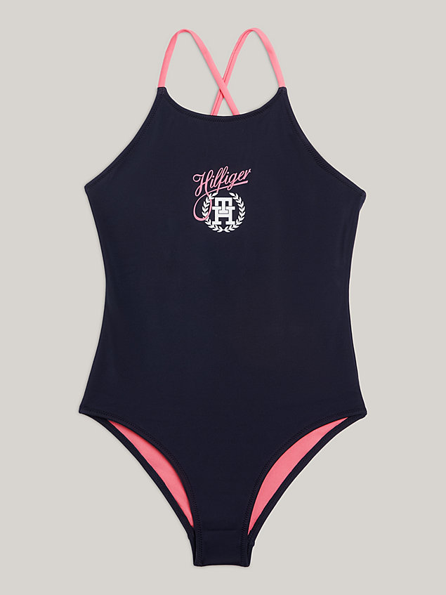 blue th original logo one-piece swimsuit for girls tommy hilfiger