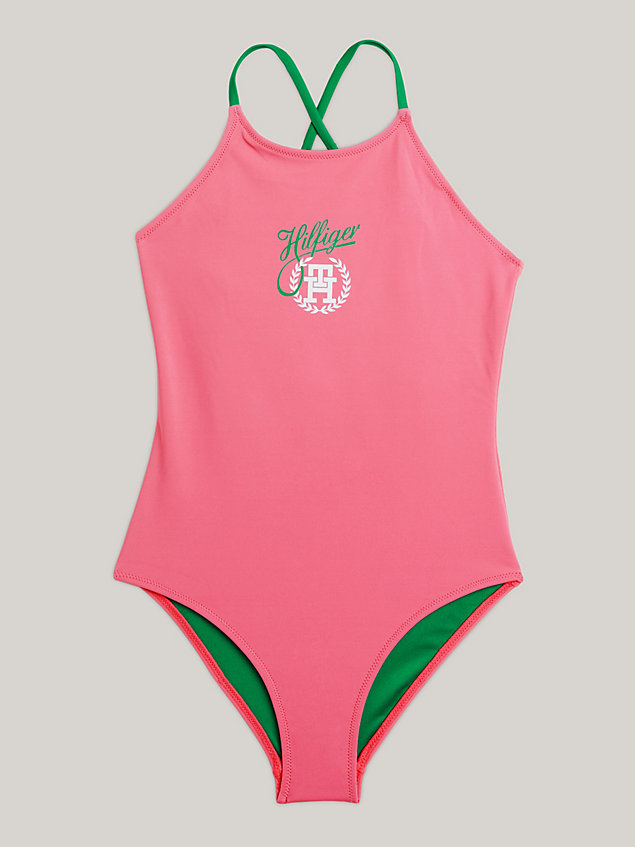pink th original logo one-piece swimsuit for girls tommy hilfiger