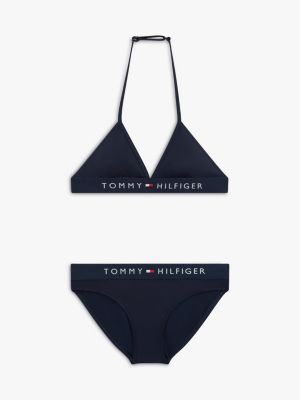 blue original logo halterneck triangle bikini set for girls tommy hilfiger