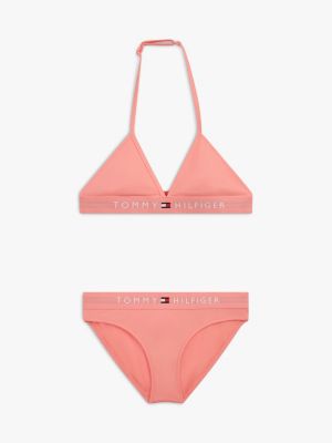 pink original logo halterneck triangle bikini set for girls tommy hilfiger