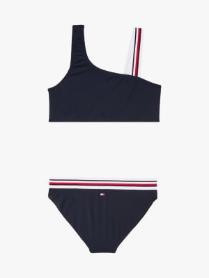 blau global stripe bikini im one-shoulder-design für mädchen - tommy hilfiger