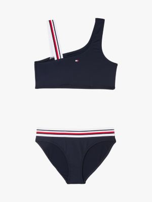 blau global stripe bikini im one-shoulder-design für mädchen - tommy hilfiger