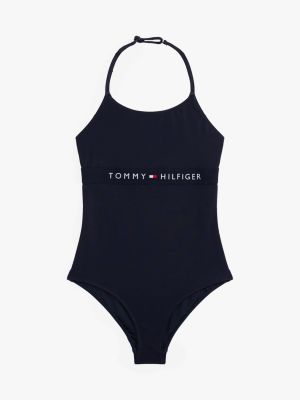 blue original logo halterneck swimsuit for girls tommy hilfiger