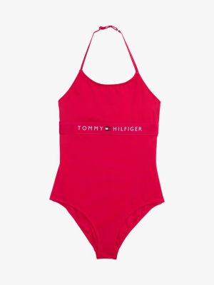 pink original logo halterneck swimsuit for girls tommy hilfiger