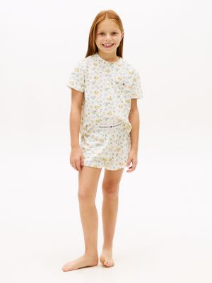 beige signature pyjama mit t-shirt und shorts für mädchen - tommy hilfiger