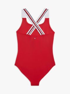 Global Stripe Square Neck Crossover Swimsuit — Red 2