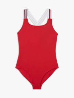Global Stripe Square Neck Crossover Swimsuit — Red 1