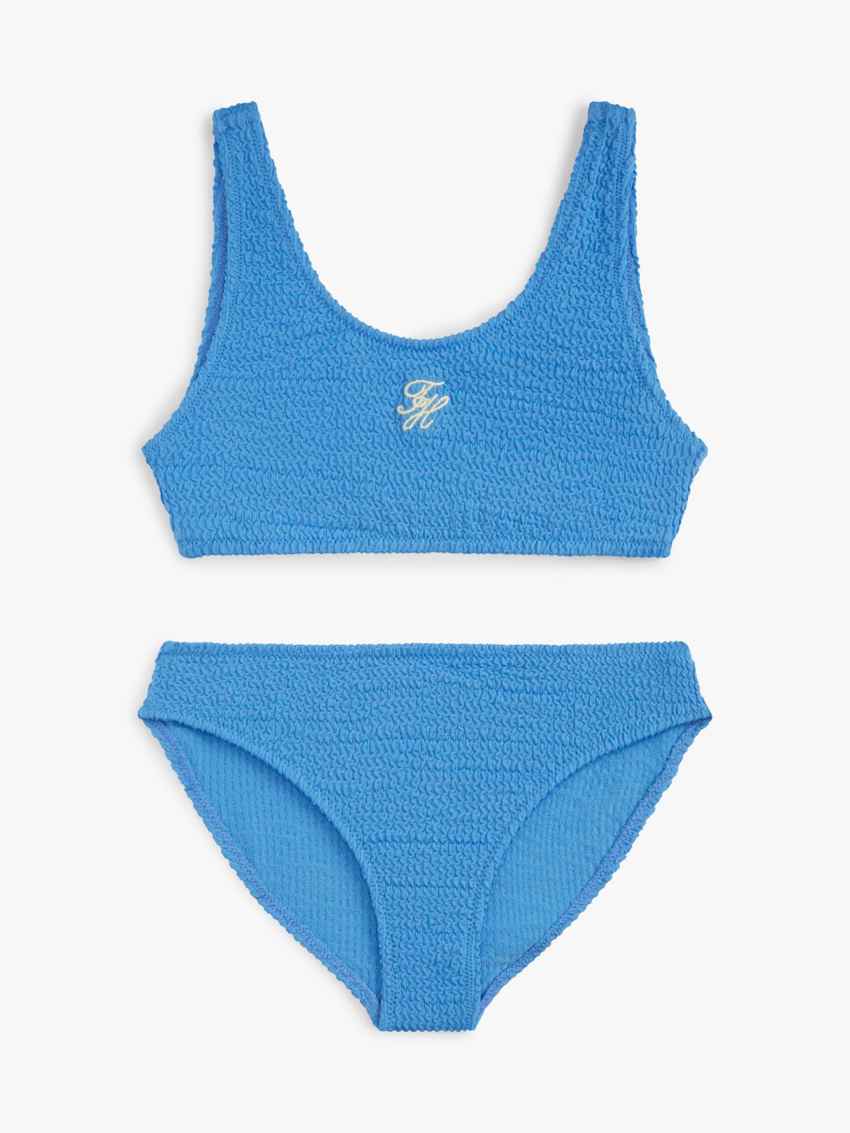Logo Embroidery Textured Bralette Bikini Set — Blue