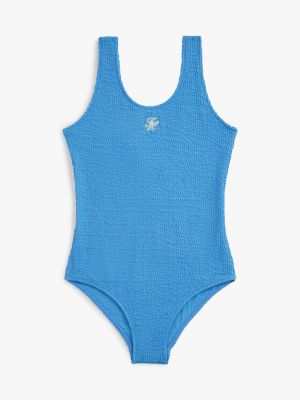 blue logo embroidery textured scoop back swimsuit for girls tommy hilfiger