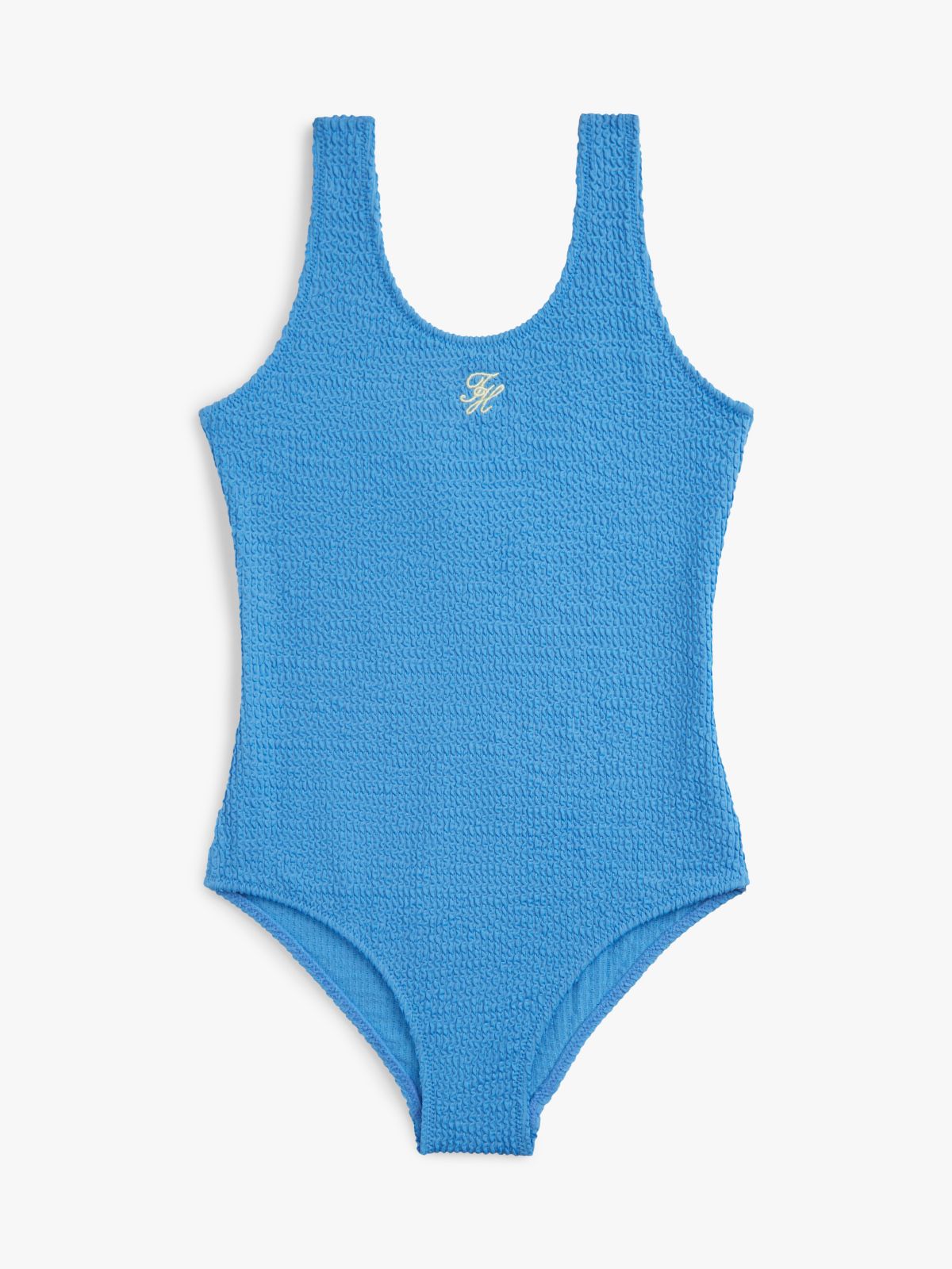 Logo Embroidery Textured Scoop Back Swimsuit — Blue
