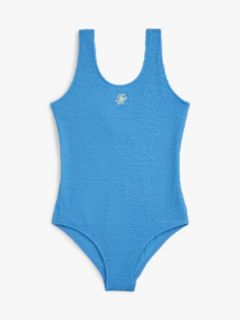 Logo Embroidery Textured Scoop Back Swimsuit — Blue 1
