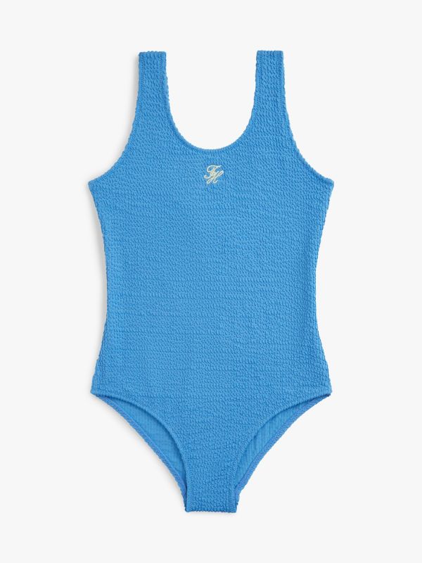 Logo Embroidery Textured Scoop Back Swimsuit — Blue