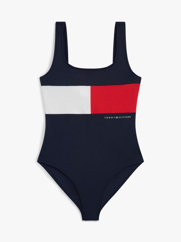 Classic Colour-Blocked Square Neck Swimsuit — Blue