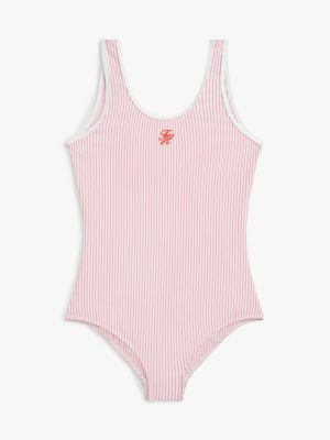 pink logo embroidery seersucker swimsuit for girls tommy hilfiger