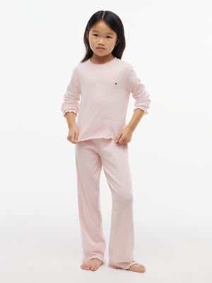 pink signature geribde pyjamaset met logotaille voor meisjes - tommy hilfiger