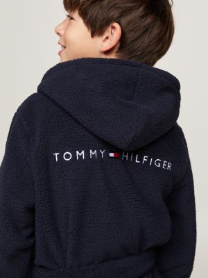 peignoir de bain à capuche et logo brodé bleu pour enfants genre inclusif tommy hilfiger