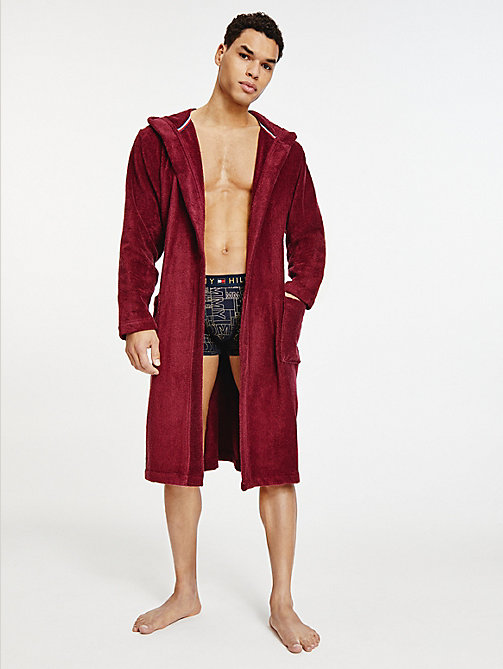 purple pure cotton hooded bathrobe for men tommy hilfiger