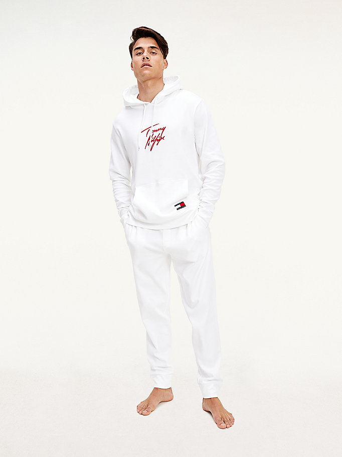 white tommy 85 logo waistband stretch joggers for men tommy hilfiger