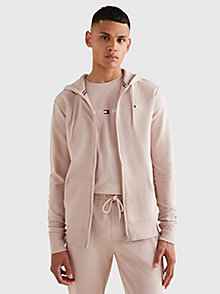 beige organic cotton zip-thru logo hoody for men tommy hilfiger
