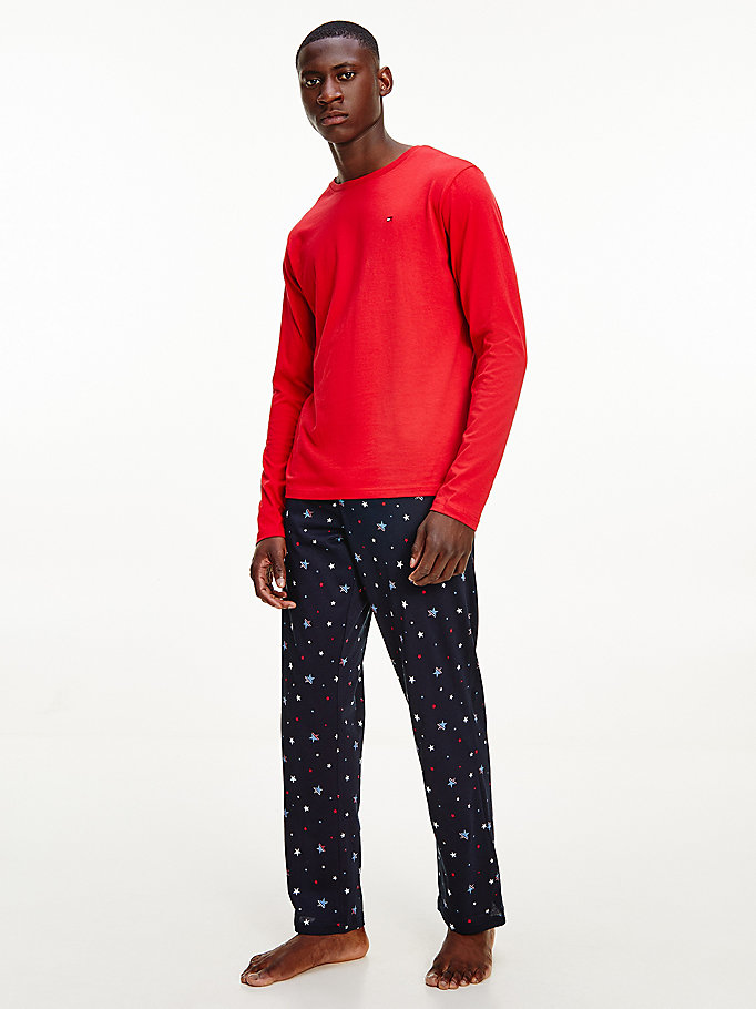 red print long sleeve pyjama set for men tommy hilfiger