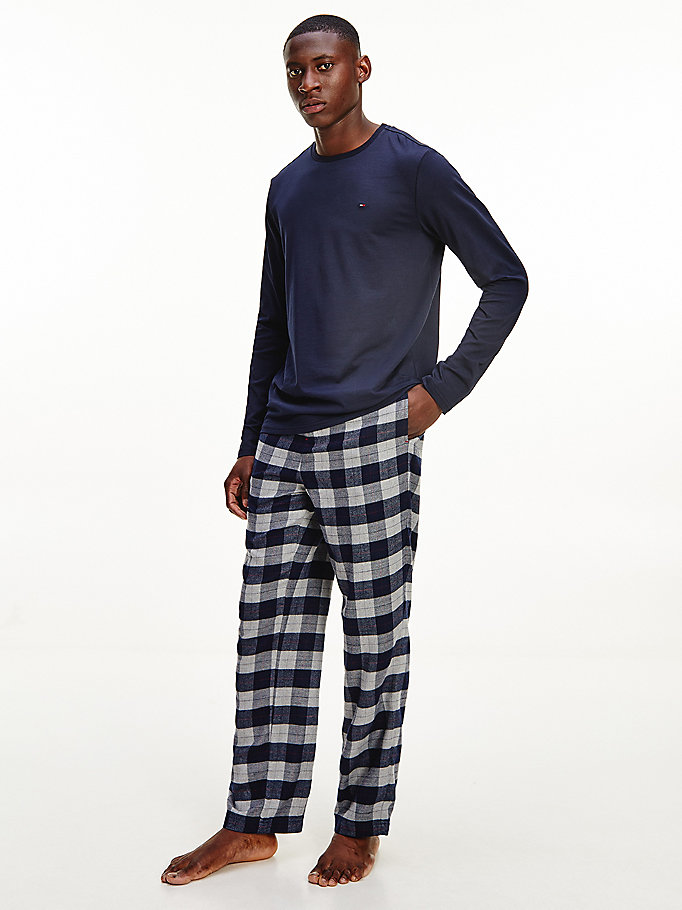 blue long sleeve cotton flannel pyjama set for men tommy hilfiger