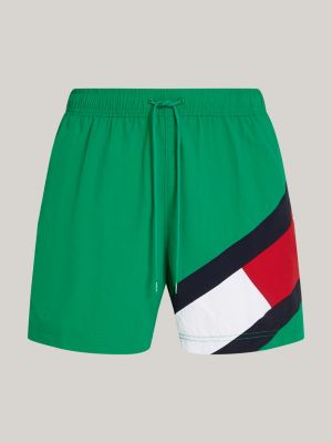 Flag Mid Length Drawstring Slim Swim Shorts, Green