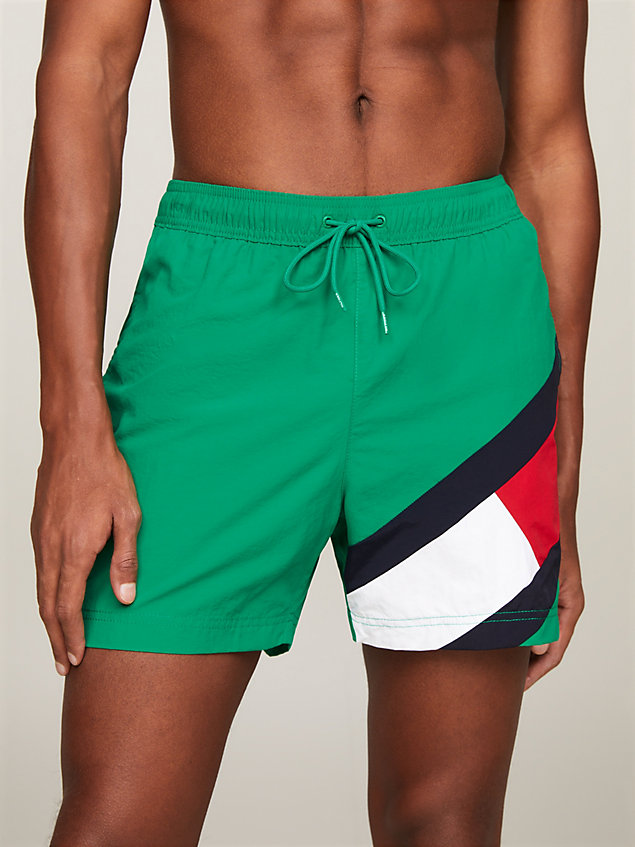 green flag mid length drawstring slim swim shorts for men tommy hilfiger
