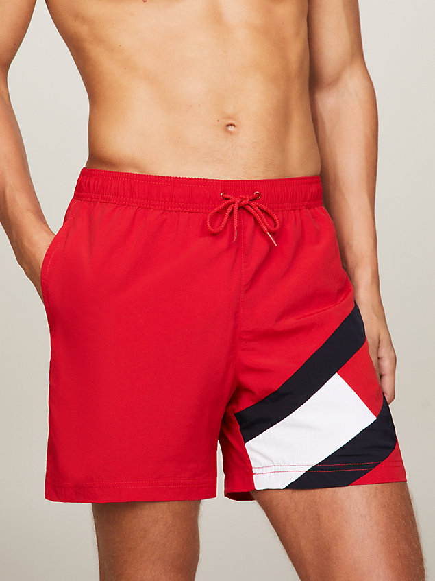 red flag mid length drawstring slim swim shorts for men tommy hilfiger